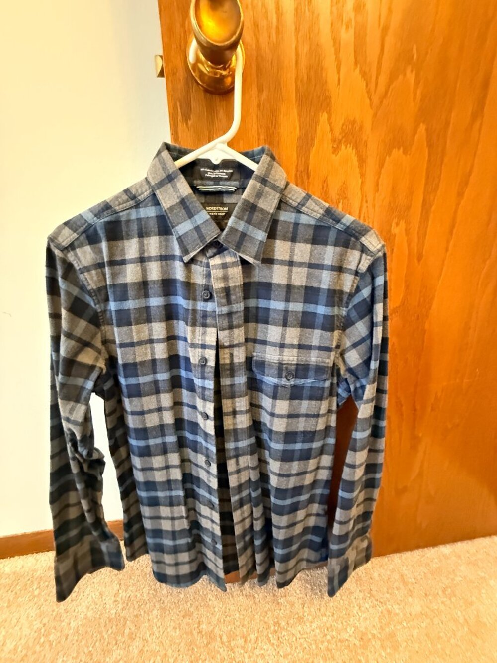 Nordstrom Men's Shop Plaid Long Sleeve Flannel Shirt Trim Fit Medium Navy Blue G
